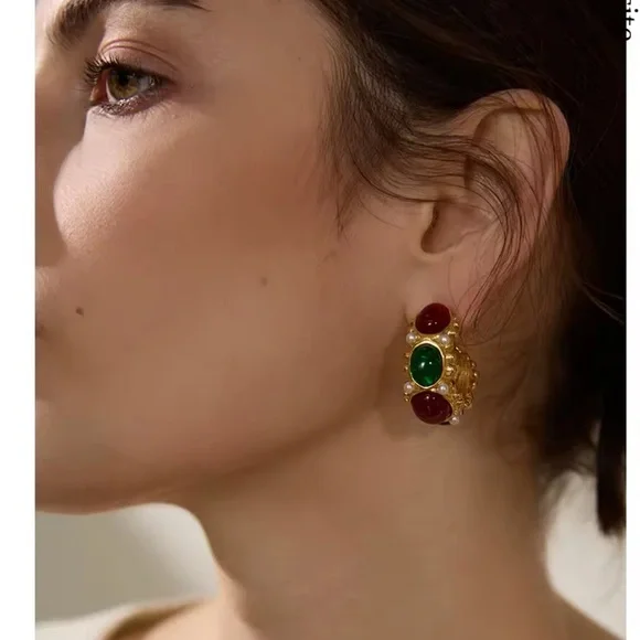 Gemstone Hoop Earrings PVD Gold Plated Stainless Steel with Pearls Natural Stone - Picture 5 of 14